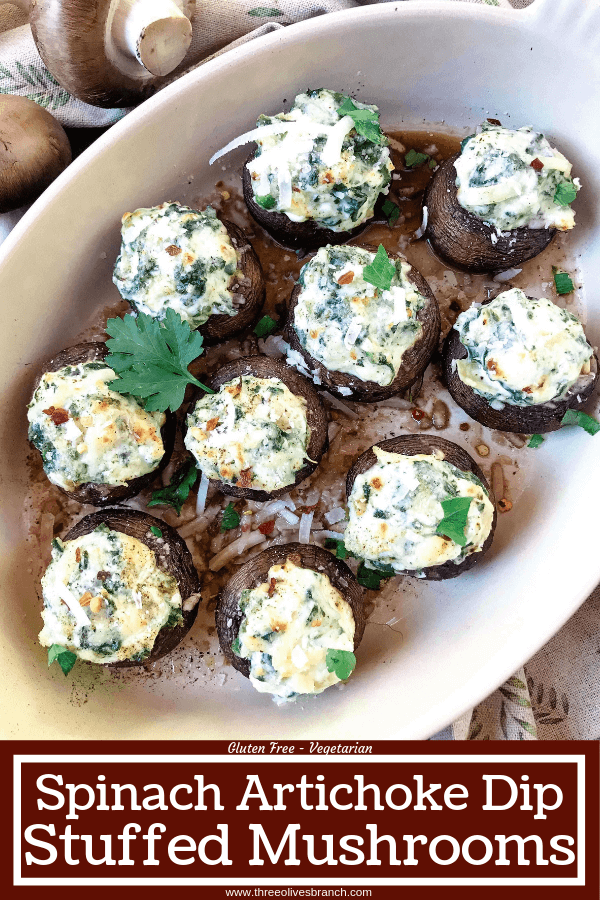 Fast and easy appetizer recipe for party entertaining finger food and game day. Gluten free, low carb keto, and vegetarian, these Spinach Artichoke Dip Stuffed Mushrooms are filled with cheese, spinach, and artichoke hearts. #stuffedmushrooms #glutenfreerecipes #spinachartichokedip