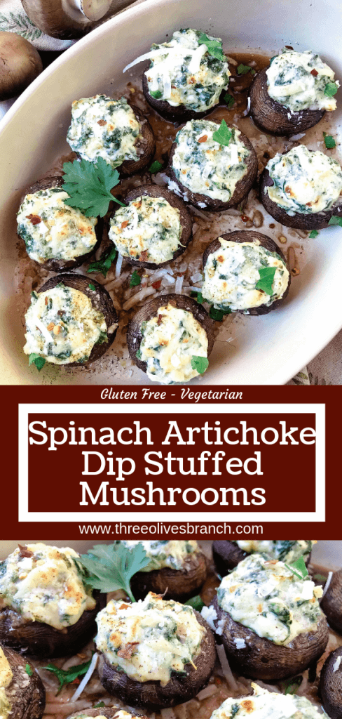 Fast and easy appetizer recipe for party entertaining finger food and game day. Gluten free, low carb keto, and vegetarian, these Spinach Artichoke Dip Stuffed Mushrooms are filled with cheese, spinach, and artichoke hearts. #stuffedmushrooms #glutenfreerecipes #spinachartichokedip