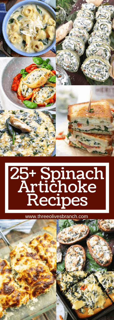 A roundup with over 25 Spinach Artichoke Recipes featuring the flavors of spinach and artichokes. No dips, just creative recipes for breakfast, appetizers, and dinner. #spinachartichoke 