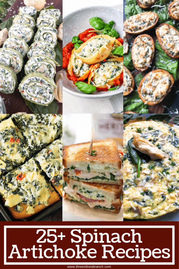 A roundup with over 25 Spinach Artichoke Recipes featuring the flavors of spinach and artichokes. No dips, just creative recipes for breakfast, appetizers, and dinner. #spinachartichoke 