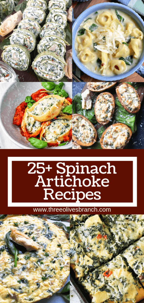 A roundup with over 25 Spinach Artichoke Recipes featuring the flavors of spinach and artichokes. No dips, just creative recipes for breakfast, appetizers, and dinner. #spinachartichoke 