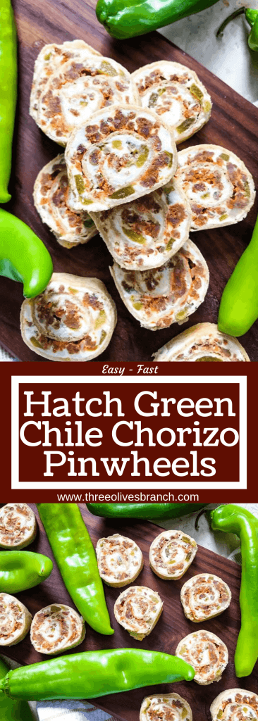 A fast and easy appetizer recipe great for game day, party food, and entertaining. Hatch Green Chile Chorizo Pinwheels are filled with a cream cheese mixture, chorizo sausage, and chile peppers. #hatchchiles #greenchile #gamedayrecipes