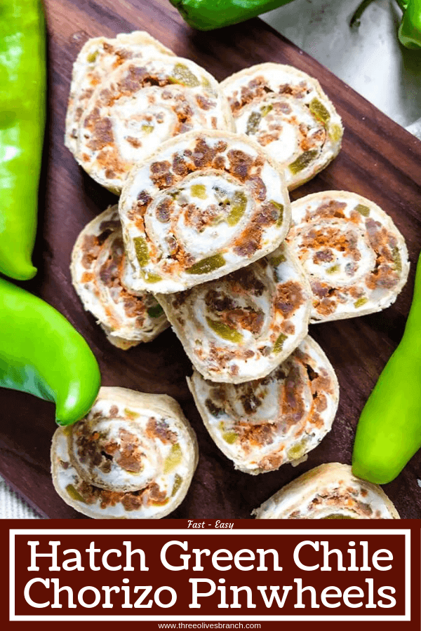 A fast and easy appetizer recipe great for game day, party food, and entertaining. Hatch Green Chile Chorizo Pinwheels are filled with a cream cheese mixture, chorizo sausage, and chile peppers. #hatchchiles #greenchile #gamedayrecipes