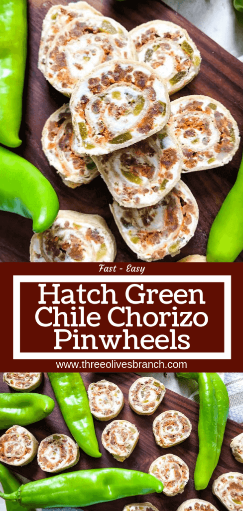 A fast and easy appetizer recipe great for game day, party food, and entertaining. Hatch Green Chile Chorizo Pinwheels are filled with a cream cheese mixture, chorizo sausage, and chile peppers. #hatchchiles #greenchile #gamedayrecipes