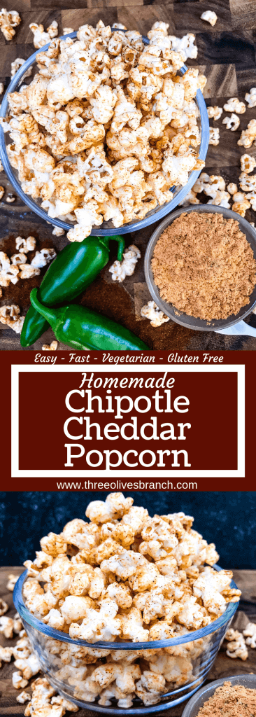 This Homemade Chipotle Cheddar Popcorn is a fast and easy snack recipe. Fresh popcorn is seasoned with smoky and spicy chipotle chile pepper powder and cheddar cheese powder. Vegetarian and gluten free snack recipe, ready in 10 minutes. #homemadepopcorn #cheesepopcorn