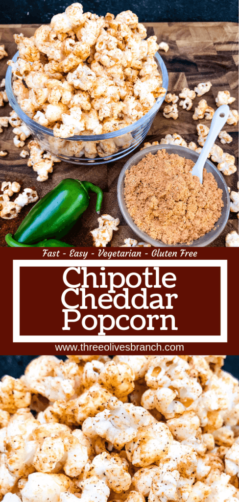 This Homemade Chipotle Cheddar Popcorn is a fast and easy snack recipe. Fresh popcorn is seasoned with smoky and spicy chipotle chile pepper powder and cheddar cheese powder. Vegetarian and gluten free snack recipe, ready in 10 minutes. #homemadepopcorn #cheesepopcorn