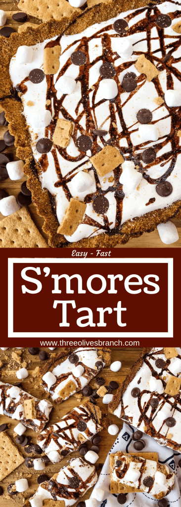 A S'mores Tart for summer dessert recipes. A graham cracker crust is filled with melted chocolate, marshmallow fluff, and s'mores ingredients. Simple and easy. #smores #tartrecipe