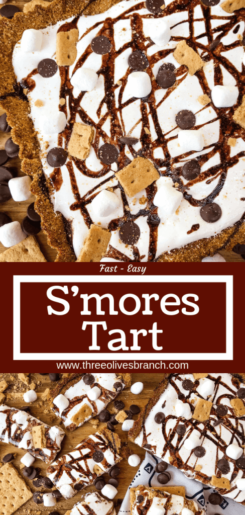 A S'mores Tart for summer dessert recipes. A graham cracker crust is filled with melted chocolate, marshmallow fluff, and s'mores ingredients. Simple and easy. #smores #tartrecipe