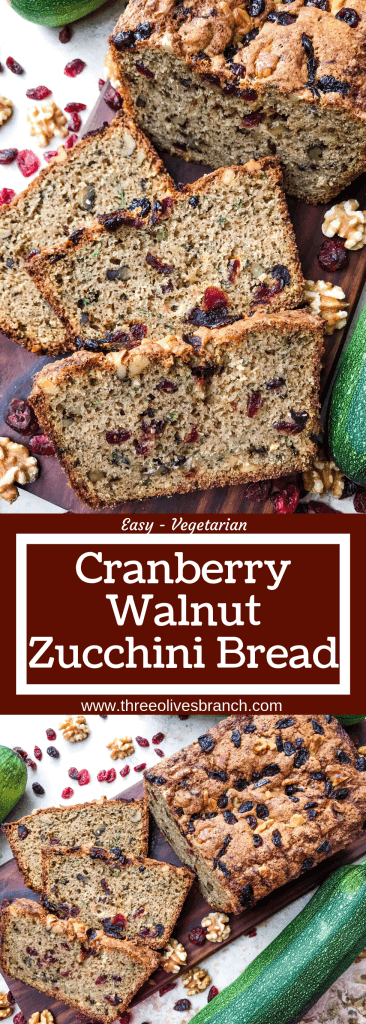 Cranberry Walnut Zucchini Bread is a simple bread filled with shredded courgette zucchini squash, dried cranberries, and chopped walnuts. A warm, spiced bread, this recipe is great as a snack or toasted with some butter. Vegetarian bread recipe.