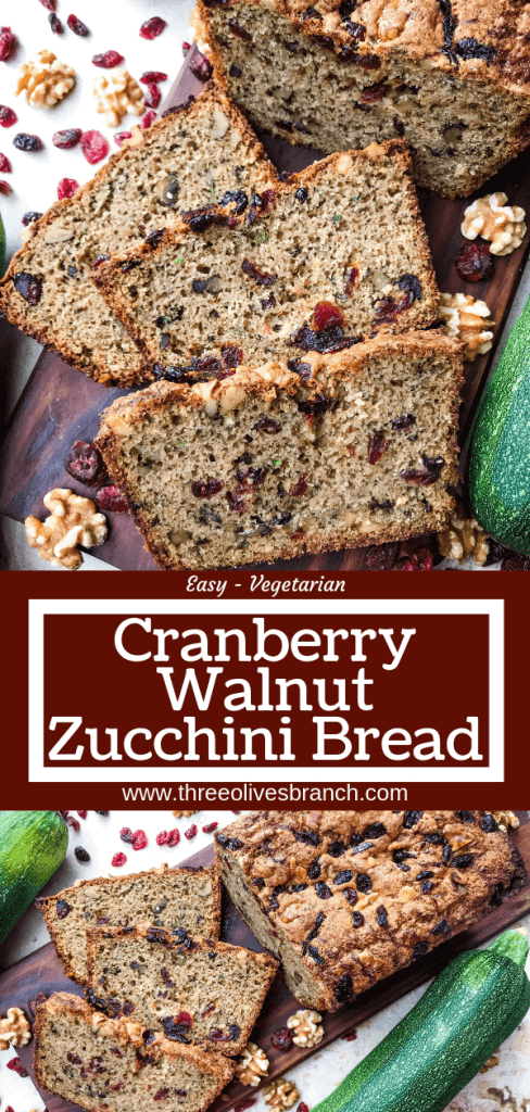 Cranberry Walnut Zucchini Bread is a simple bread filled with shredded courgette zucchini squash, dried cranberries, and chopped walnuts. A warm, spiced bread, this recipe is great as a snack or toasted with some butter. Vegetarian bread recipe.