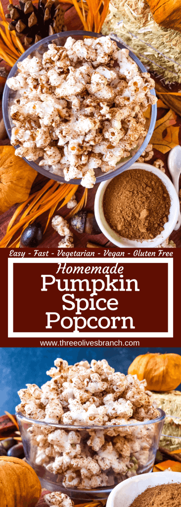 This Homemade Pumpkin Spice Popcorn is ready in just 10 minutes! A sweet and savory pumpkin spice is sprinkled across fresh homemade popcorn for a fast and easy snack recipe. Gluten free, vegan, and vegetarian. #pumpkinspice #fallsnacks #fallrecipes