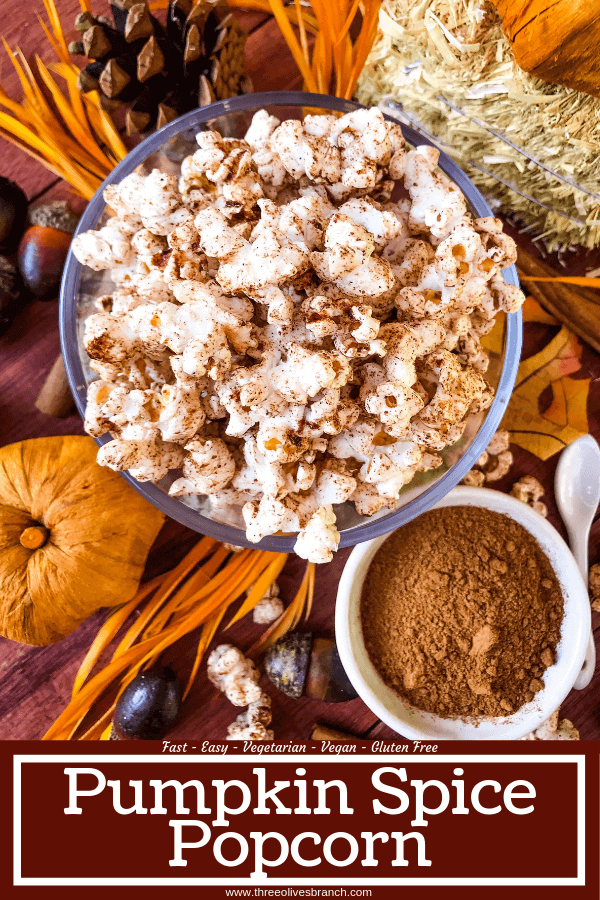 This Homemade Pumpkin Spice Popcorn is ready in just 10 minutes! A sweet and savory pumpkin spice is sprinkled across fresh homemade popcorn for a fast and easy snack recipe. Gluten free, vegan, and vegetarian. #pumpkinspice #fallsnacks #fallrecipes