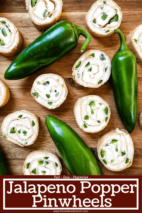 Just 20 minutes to make these Jalapeno Popper Pinwheels, a great game day or party appetizer recipe. Cream cheese mixture is blended with more cheese, spices, and diced jalapeno peppers for a twist on a classic. Vegetarian. #gamedayrecipe #rollups #pinwheels #appetizerrecipes