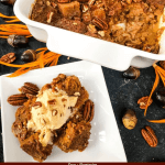 Pin of Pumpkin Bread Pudding on a plate next to the baking dish with title