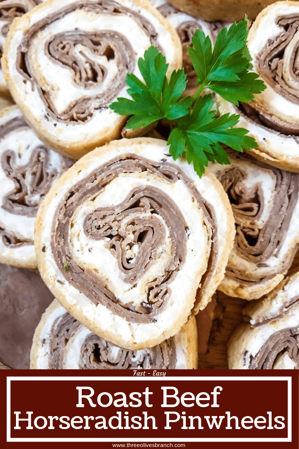 A fast and easy appetizer recipe ready in 20 minutes, Horseradish Roast Beef Pinwheels combine classic flavors in a party finger food. Roast beef is layered with a horseradish cream cheese mixture and rolled in flour tortillas. #gamedayrecipes #partyappetizers #holidayappetizers