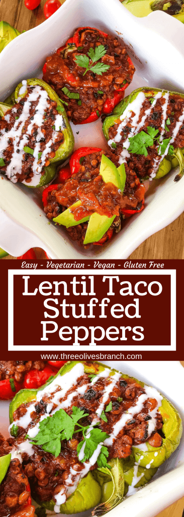 Vegan Lentil Taco Stuffed Peppers are bell peppers stuffed with lentils cooked in a taco tomato sauce. Vegan stuffed peppers are gluten free and vegetarian Mexican food recipe. #veganstuffedpeppers #stuffedpeppers #vegantacos