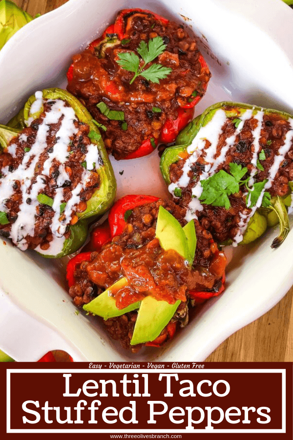 Vegan Lentil Taco Stuffed Peppers are bell peppers stuffed with lentils cooked in a taco tomato sauce. Vegan stuffed peppers are gluten free and vegetarian Mexican food recipe. #veganstuffedpeppers #stuffedpeppers #vegantacos