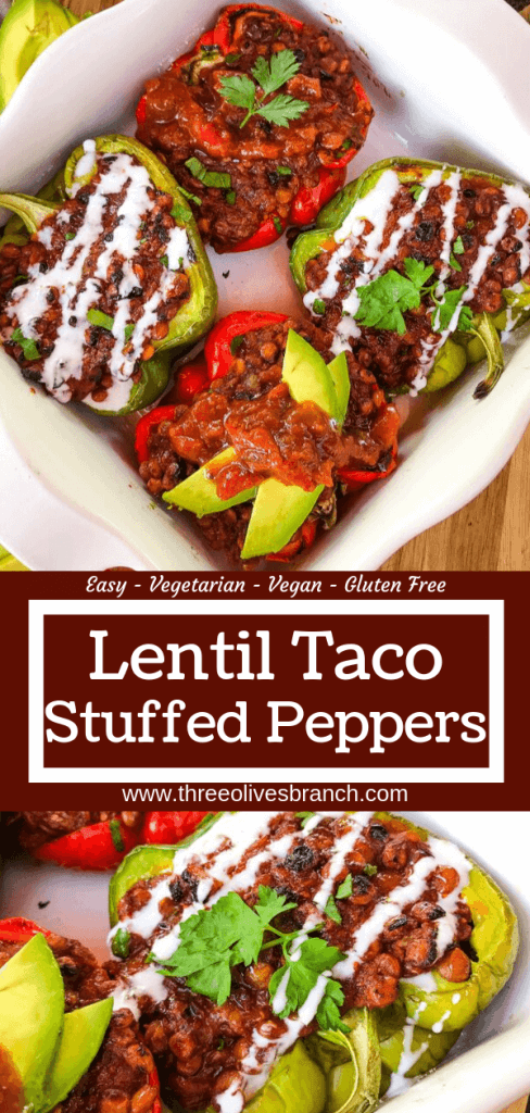 Vegan Lentil Taco Stuffed Peppers are bell peppers stuffed with lentils cooked in a taco tomato sauce. Vegan stuffed peppers are gluten free and vegetarian Mexican food recipe. #veganstuffedpeppers #stuffedpeppers #vegantacos