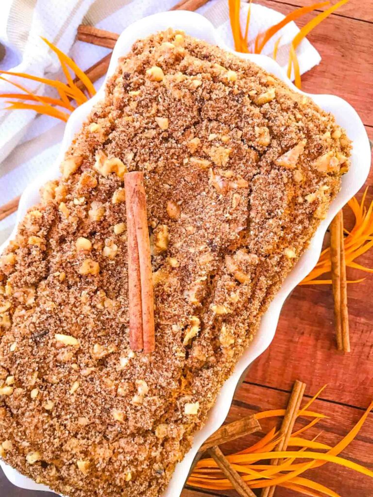 Loaf of Cinnamon Streusel Pumpkin Bread in the baking dish from the top view