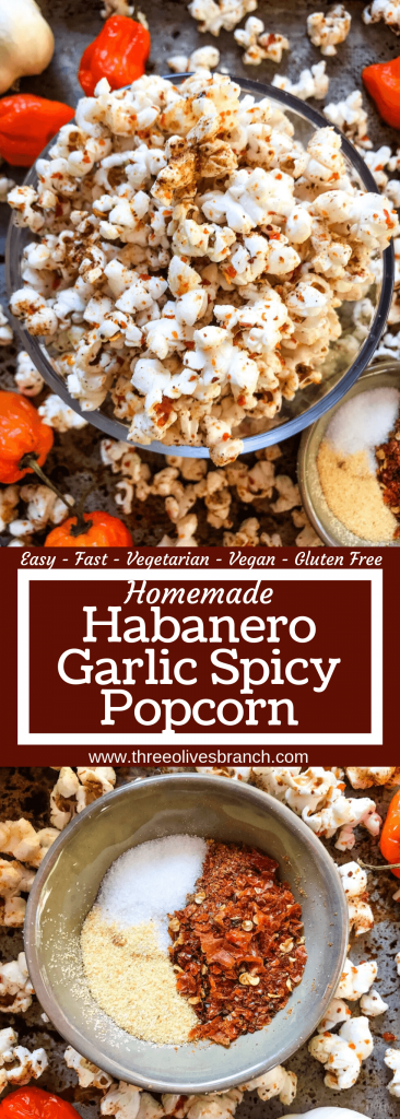 This Homemade Habanero Garlic Spicy Popcorn is a spicy snack recipe great for entertaining, party food, and game day. Vegan, vegetarian, gluten free. use any ground pepper with garlic powder and salt for a seasoning kick. #homemadepopcorn #spicyrecipe #spicyfood