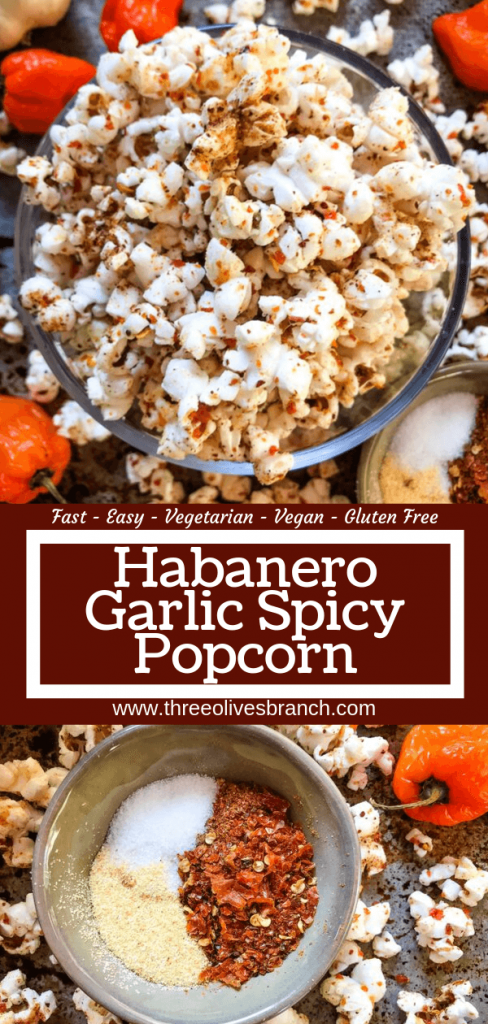 This Homemade Habanero Garlic Spicy Popcorn is a spicy snack recipe great for entertaining, party food, and game day. Vegan, vegetarian, gluten free. use any ground pepper with garlic powder and salt for a seasoning kick. #homemadepopcorn #spicyrecipe #spicyfood