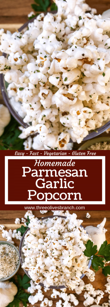 Ready in 10 minutes, Homemade Parmesan Garlic Popcorn is a fast and easy snack recipe. Parmesan cheese, garlic powder, and parsley season this healthy, gluten free, vegetarian appetizer. Great for party entertaining and game day. #homemadepopcorn #gamedayrecipes