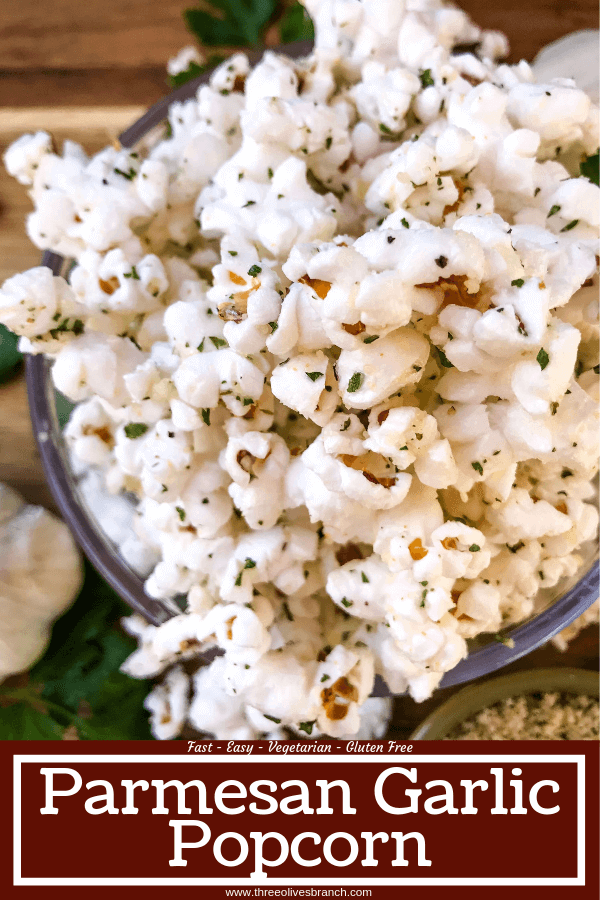 Ready in 10 minutes, Homemade Parmesan Garlic Popcorn is a fast and easy snack recipe. Parmesan cheese, garlic powder, and parsley season this healthy, gluten free, vegetarian appetizer. Great for party entertaining and game day. #homemadepopcorn #gamedayrecipes