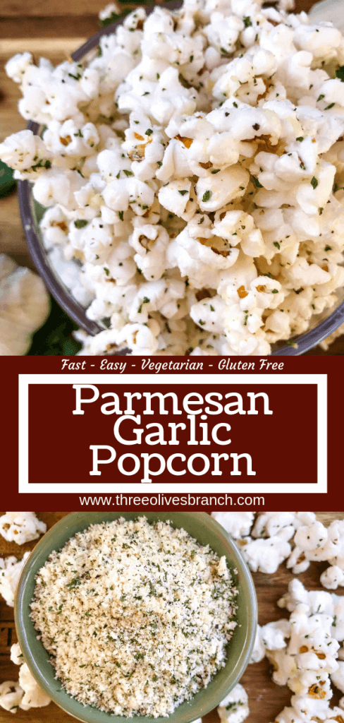 Ready in 10 minutes, Homemade Parmesan Garlic Popcorn is a fast and easy snack recipe. Parmesan cheese, garlic powder, and parsley season this healthy, gluten free, vegetarian appetizer. Great for party entertaining and game day. #homemadepopcorn #gamedayrecipes