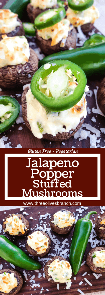 Jalapeno Popper Stuffed Mushrooms are a perfect game day appetizer.  A cream cheese mixture is combined with chopped jalapeno peppers and stuffed in mushroom caps.  Gluten free, low carb keto, and vegetarian. #gameday #jalapenopoppers #stuffedmushrooms