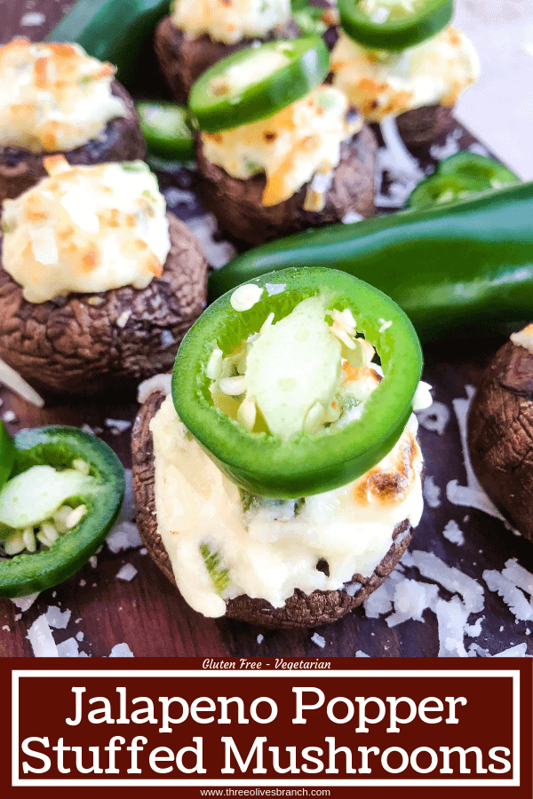 Jalapeno Popper Stuffed Mushrooms are a perfect game day appetizer.  A cream cheese mixture is combined with chopped jalapeno peppers and stuffed in mushroom caps.  Gluten free, low carb keto, and vegetarian. #gameday #jalapenopoppers #stuffedmushrooms