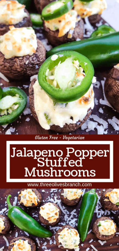 Jalapeno Popper Stuffed Mushrooms are a perfect game day appetizer.  A cream cheese mixture is combined with chopped jalapeno peppers and stuffed in mushroom caps.  Gluten free, low carb keto, and vegetarian. #gameday #jalapenopoppers #stuffedmushrooms