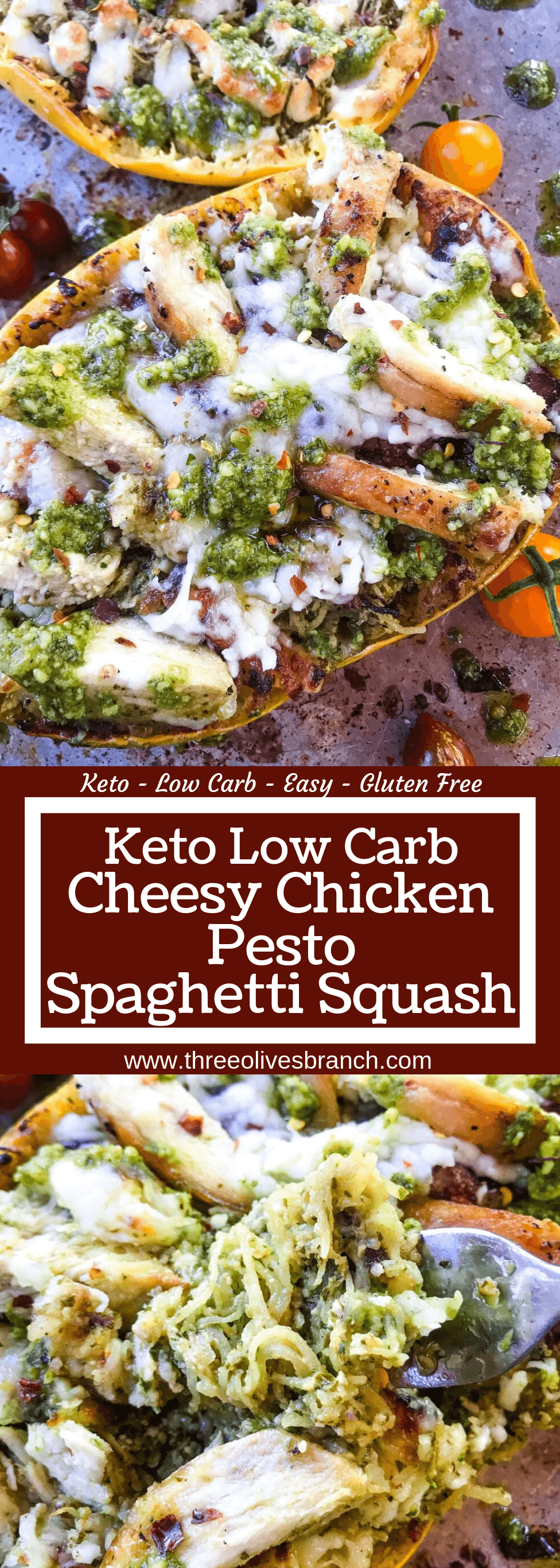 Keto Low Carb Cheesy Chicken Pesto Spaghetti Squash Three Olives Branch