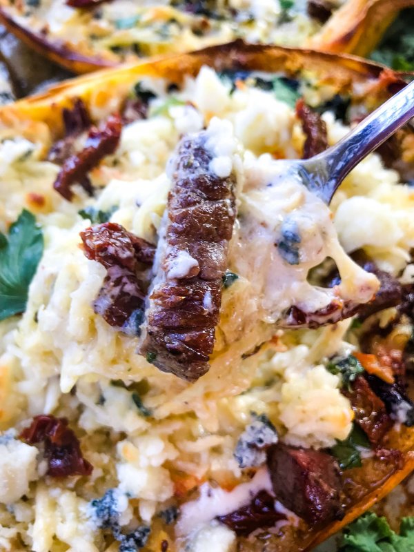 Keto Low Carb Steak Alfredo Spaghetti Squash