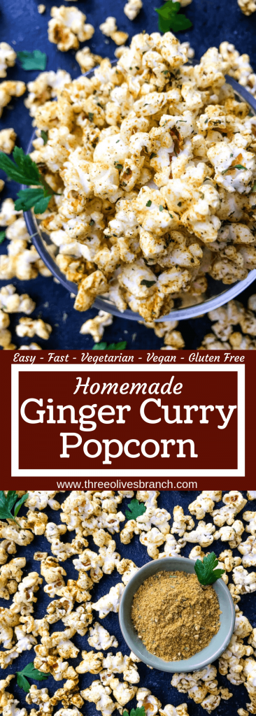 Homemade Ginger Curry Popcorn recipe ready in just 10 minutes. A vegan, vegetarian, and gluten free snack. Great for entertaining, party food, and game day. #popcornrecipes #homemadepopcorn #popcornseasoning