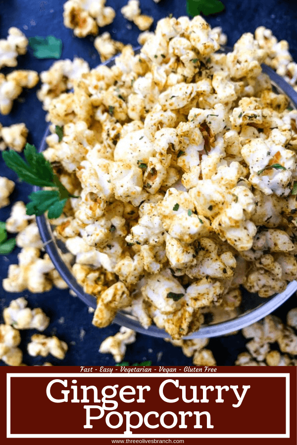 Homemade Ginger Curry Popcorn recipe ready in just 10 minutes. A vegan, vegetarian, and gluten free snack. Great for entertaining, party food, and game day. #popcornrecipes #homemadepopcorn #popcornseasoning