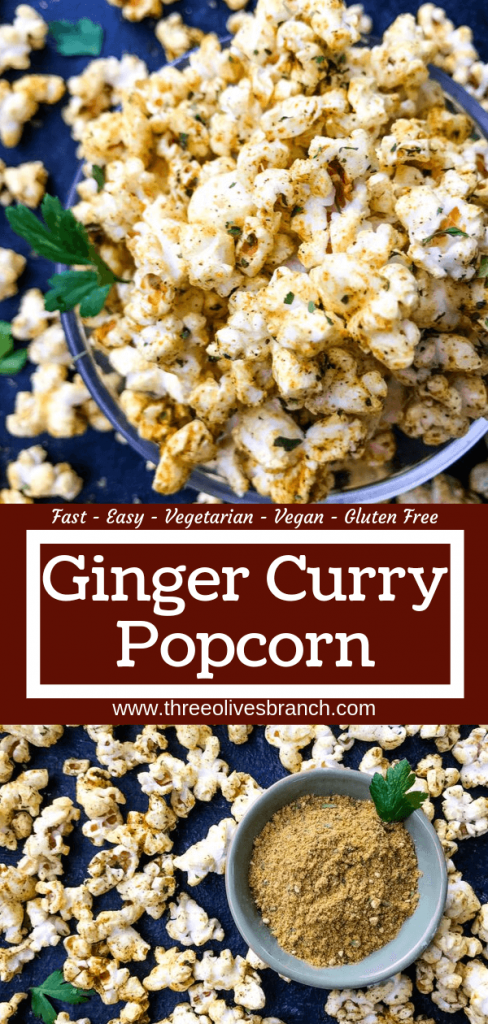 Homemade Ginger Curry Popcorn recipe ready in just 10 minutes. A vegan, vegetarian, and gluten free snack. Great for entertaining, party food, and game day. #popcornrecipes #homemadepopcorn #popcornseasoning