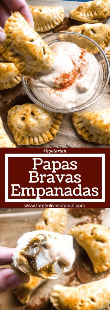 Patatas Bravas Empanadas are inspired by a Spanish tapas recipe. Roasted seasoned potatoes are stuffed in dough and served with a creamy paprika sauce. A great vegetarian appetizer recipe for party and entertaining food. #papasbravas #patatasbravas #spanishfood #appetizerrecipe