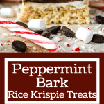 Long pin of Peppermint Bark Rice Krispie Treats with title