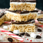 Pin image for Peppermint Bark Rice Krispie Treats stacked on each other with title