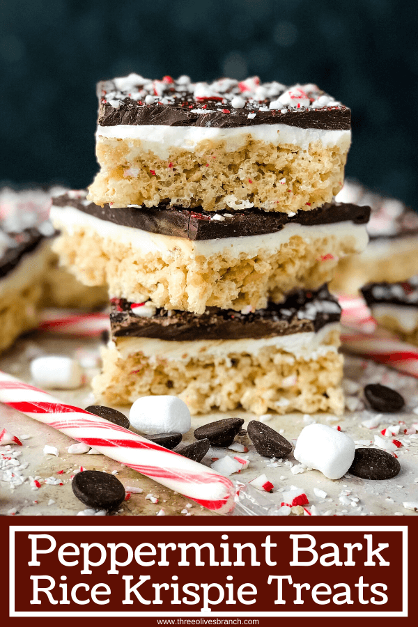 Pin image for Peppermint Bark Rice Krispie Treats stacked on each other with title