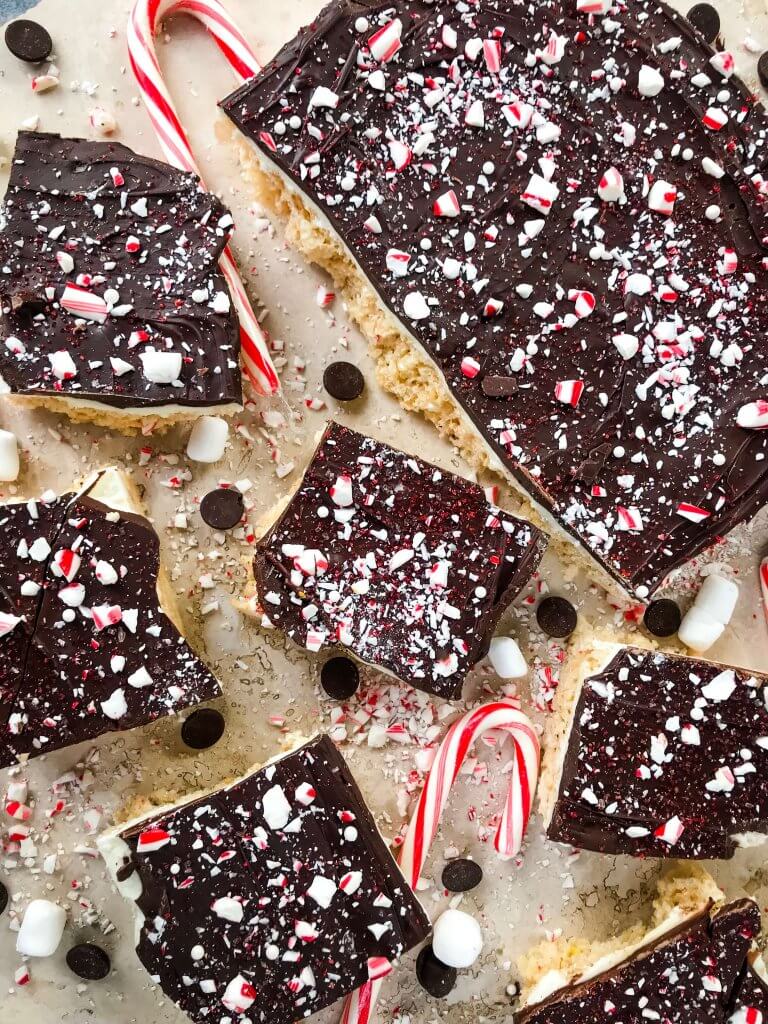 A slab and some pieces of Peppermint Bark Rice Krispie Treats from the top