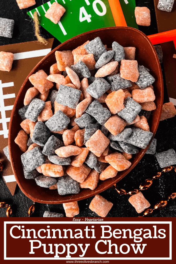 Pin of Cincinnati Bengals Puppy Chow in a football bowl with title at bottom