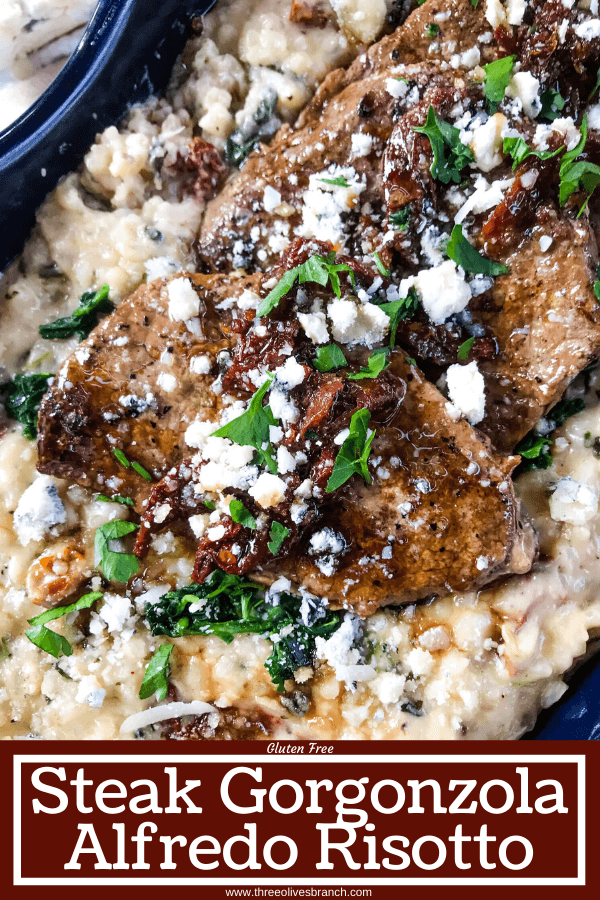 Pin image of Steak Gorgonzola Alfredo Risotto with title at bottom