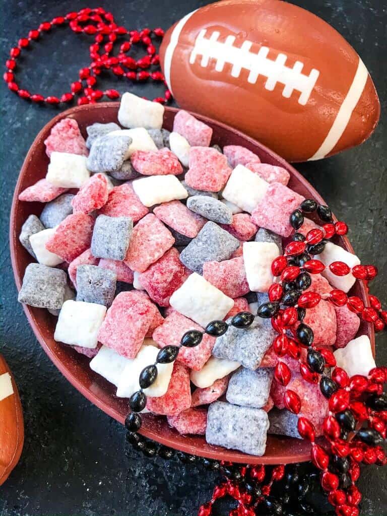 Arizona Cardinals Puppy Chow in a football bowl with beads and a small football