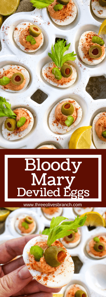 Bloody Mary Deviled Eggs recipe using the same cocktail ingredients. Tomato, celery salt, garlic, Worcestershire, and lemon in a fun game day and party appetizer finger food. #deviledeggs #bloodymary #gamedayrecipes