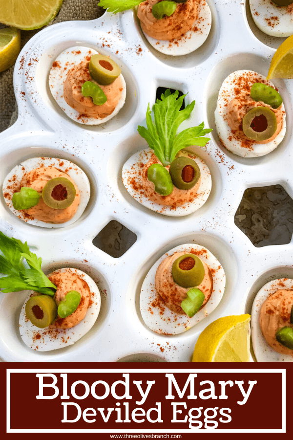 Bloody Mary Deviled Eggs recipe using the same cocktail ingredients. Tomato, celery salt, garlic, Worcestershire, and lemon in a fun game day and party appetizer finger food. #deviledeggs #bloodymary #gamedayrecipes