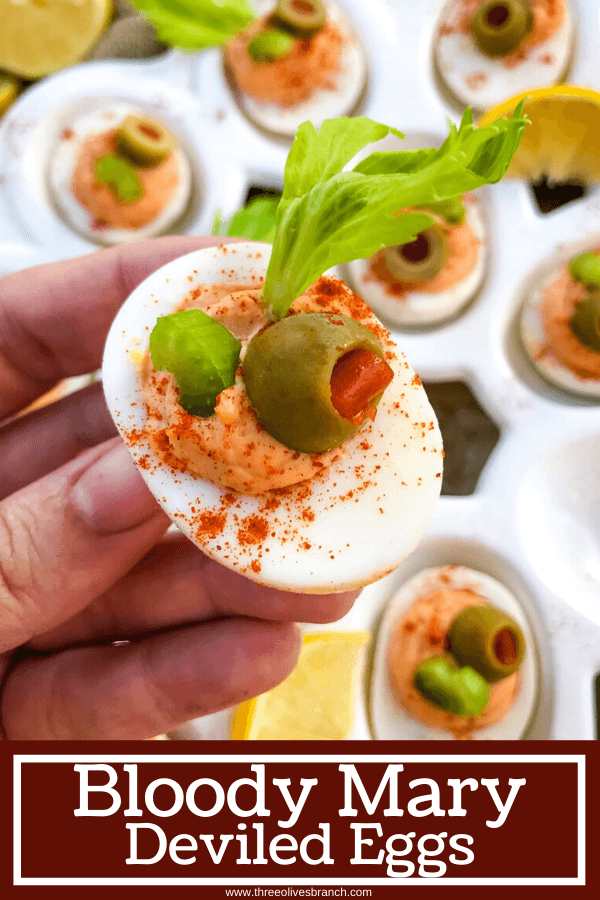 Bloody Mary Deviled Eggs recipe using the same cocktail ingredients. Tomato, celery salt, garlic, Worcestershire, and lemon in a fun game day and party appetizer finger food. #deviledeggs #bloodymary #gamedayrecipes