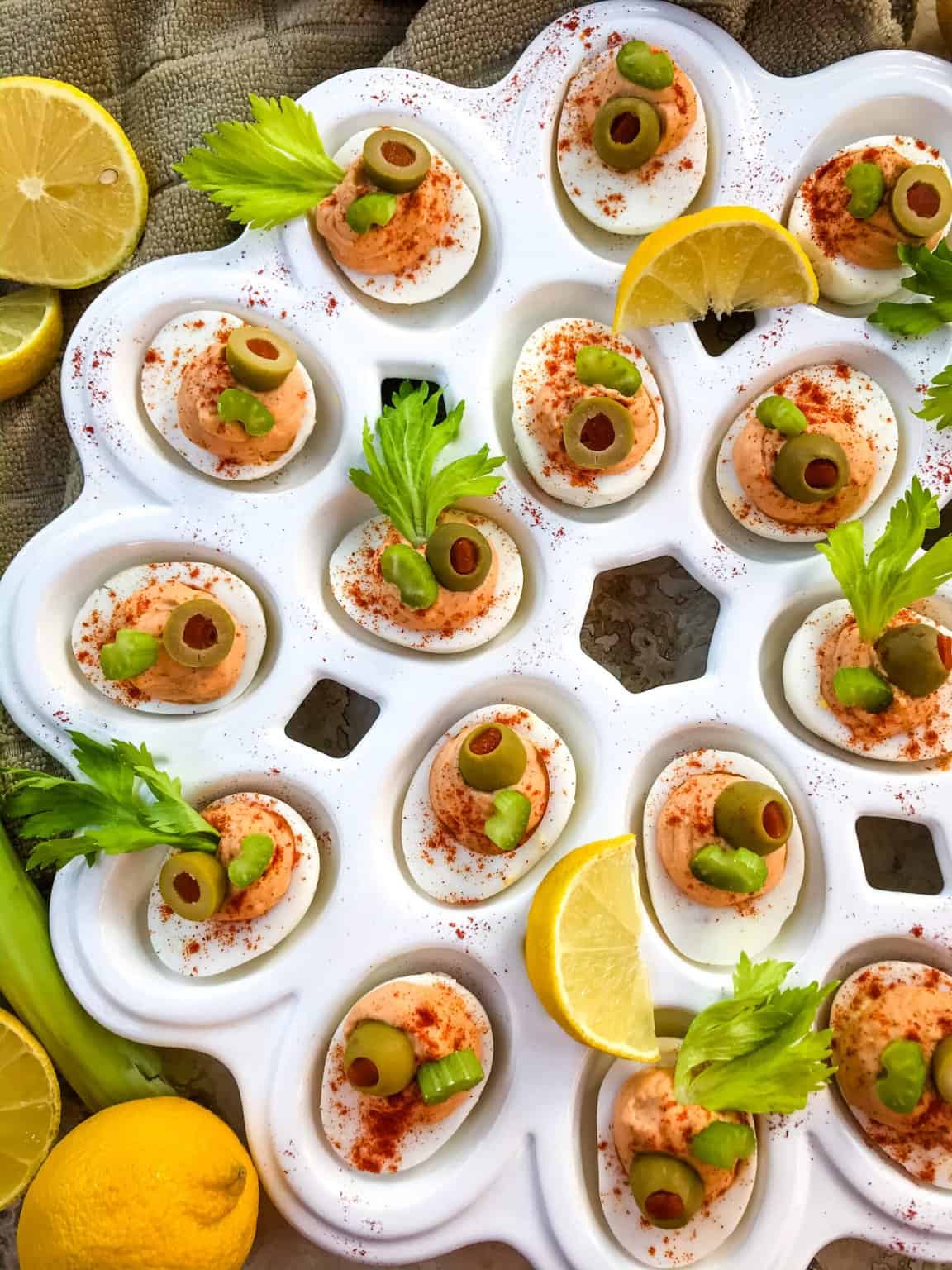 Top view of Bloody Mary Deviled Eggs.