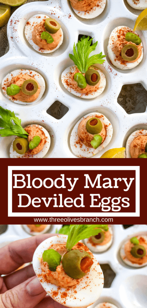 Bloody Mary Deviled Eggs recipe using the same cocktail ingredients. Tomato, celery salt, garlic, Worcestershire, and lemon in a fun game day and party appetizer finger food. #deviledeggs #bloodymary #gamedayrecipes