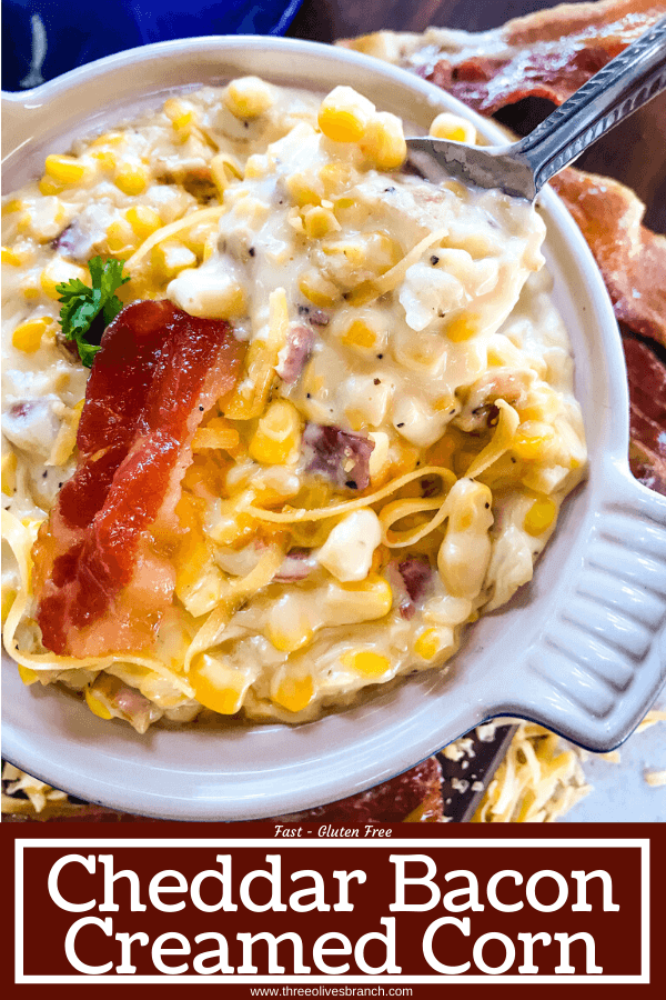 Cheddar Bacon Creamed Corn is a simple homemade creamed corn recipe perfect for a BBQ or Southern soul food meal. Corn is cooked with bacon, cheddar cheese, milk, and butter for a simple side dish. #creamedcorn #southernfood